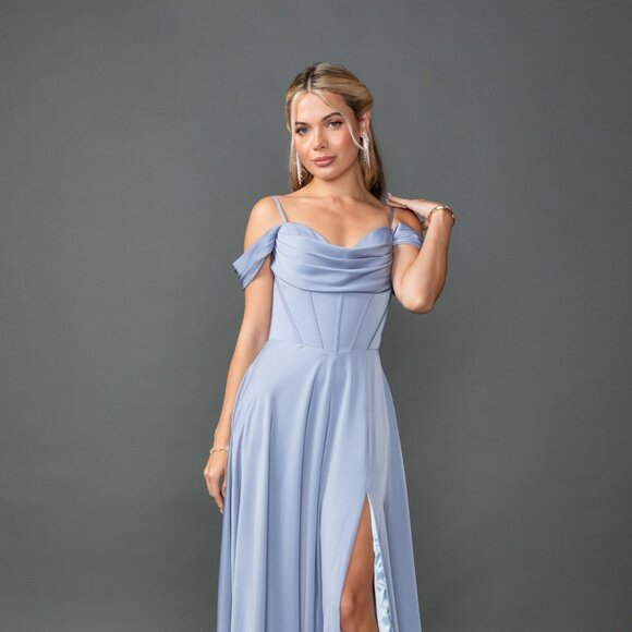 New Off the Shoulder Bridesmaid Chiffon Gown w/ Cowl Neck & Boned Bodice DQ 4539 - Picture 3 of 8